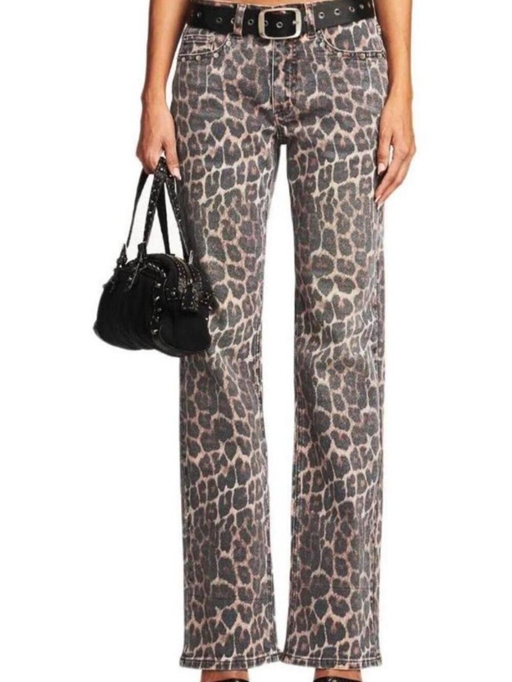 I.AM.GIA Leopard Print Wide Leg Jeans Faded Wash Studded Pockets Size S